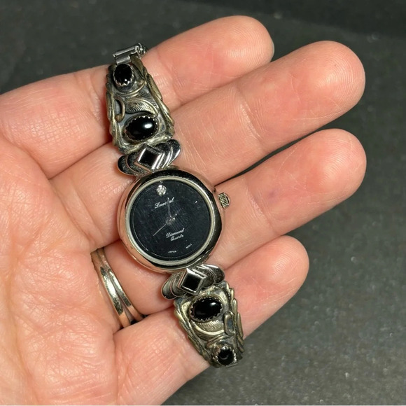 Lucoral Diamond Quartz Womans Watch With RB Sterling Silver Onxy Southwest Band - Picture 1 of 5